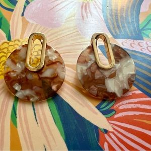 Modern Circle Hoop Brown Acrylic Marbled Gold Trim Earrings